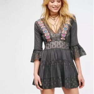 Free People FP One Antiquity Mini Dress Embroidered Floral Lace Boho Gray